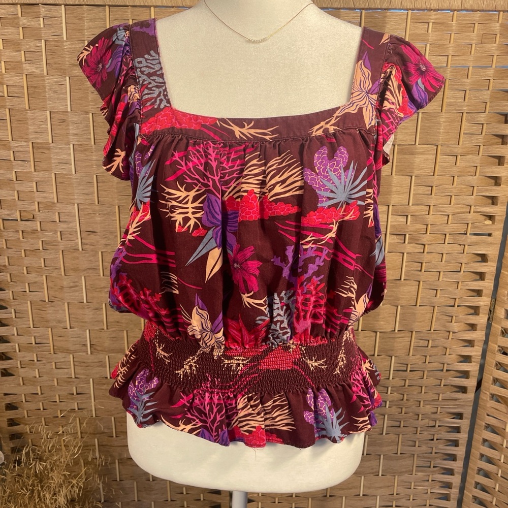 Scotch & Soda Burgundy Floral Square-Neck Crop Top with Pink & Purple Accents
